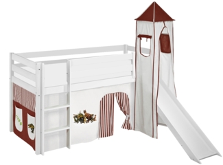 Lilokids 'Jelle' Spielbett 90x190 cm, Dinos Braun Beige, Kiefer massiv, mit Turm, Rutsche und Vorhang