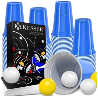 KESSER Beer Pong Becher Set mit Kartenset, 100 Bechern & 10 Bällen, Kunststoff, 473 ml, Blau