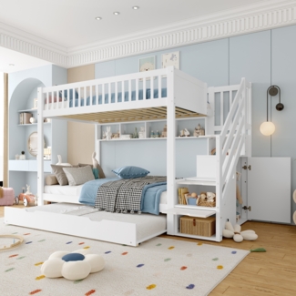 Merax Etagenbett Kinderbett 90x200cm mit Ausziehbett Stauraumtreppe mit Kleiderschrank, weiß