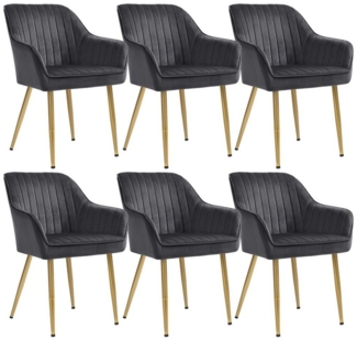 Songmics Esszimmerstuhl mit Armlehnen, 6er Set, Samt, 62,5 x 60 x 85 cm, Grau / Gold