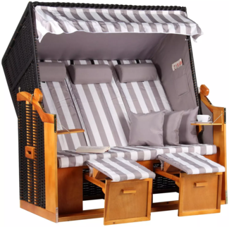 Strandkorb Baltic Dreisitzer PE schwarz Dessin Grau Weiss