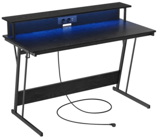 Vasagle Schreibtisch, Gaming Tisch mit eingebauter Steckdosenleiste, Computertisch, mit Monitorständer für 2 Monitore, Schlafzimmer, 55 x 135 x 76 cm, ebenholzschwarz LWD117B01