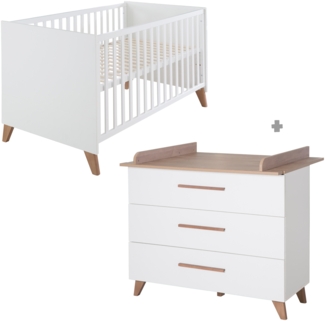 Roba Babymöbel Set 2-teilig 'Ole' - Kinderbett 70x140 cm umbaubar + Wickelkommode mit 3 Schubladen - Griffe & Füße aus Massivholz - Weiß / Dunkle Eiche