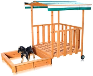 Mucola Sandkasten mit Spielveranda und Dach, Holz natur / blau, 100 x 182 x 140 cm