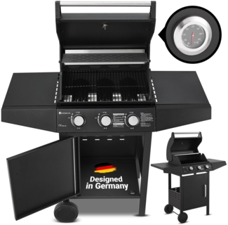 Juskys 'Louisiana' BBQ Gas-Grill, mit 3 Brenner, Thermometer, Warmhalterost & Seitenablagen, Stahl schwarz, 110 x 53 x 110 cm