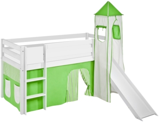 Lilokids 'Jelle' Spielbett 90x200 cm, Grün Beige, Kiefer massiv, mit Turm, Rutsche und Vorhang