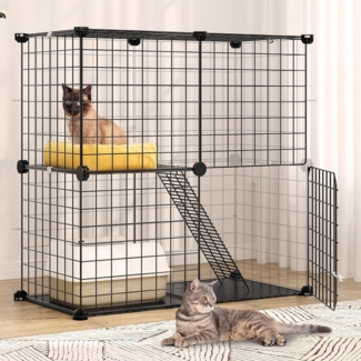 YITAHOME Katzenkäfig 2-stöckig Kätzchenkäfig DIY-Katzengehege Türen Leitern, Schwarz, 71 x 36 x 71 cm