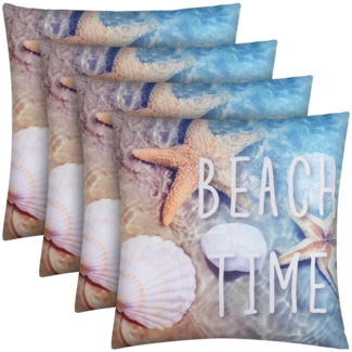Outdoor Kissen 4er Pack ( 45 x 45 cm ) "Beach Time" Dekokissen Fotodruck - Reißverschluss - Schmutz Wasserabweisend Garten - abnehmbarer Kissenbezug