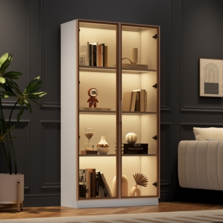 Merax glasvitrine mit 16-farbiger LED-Beleuchtung, doppeltürige Vitrine mit beweglichen Einlegeböden, 80*40*160cm,Hochschrank für Wohnzimmer, Standvitrine,Badezimmerschrank, Weiß