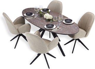 Esstisch mit 4 Stühlen Set Essgruppe Polsterstühle Drehbar Bouclé Leder Beige Esszimmertisch Oval Metall Schwarz Braun