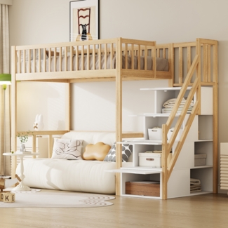 Merax Hochbett Massivholz Kinderbett Einzelbett 90x200cm mit Stauraumtreppe, holzfarbe