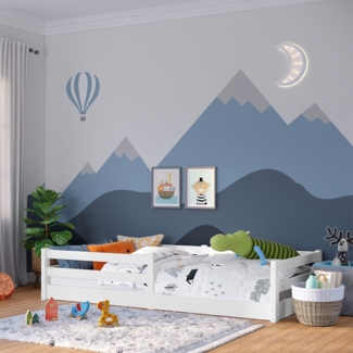 Bellabino 'Iskri' Bodenbett, 90x200 cm, Massivholz Kiefer, weiß lackiert, Kinderbett inkl. Lattenrost und Rausfallschutz