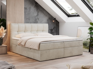 Mks Möbel 'Rico' Boxspringbett mit Kopfteil, Bettkasten & Topper, H3, Velours beige, 160x200 cm