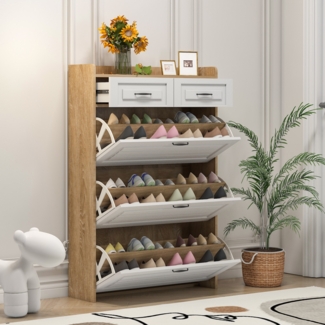 Merax Schuhkommode mit drehbarem Schuhschrank, bestehend aus drei großen Klappen und zwei Schubladen, Holzschuhschrank, Schuhregal, Weiß+Natural