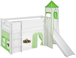 Lilokids 'Jelle' Spielbett 90x190 cm, Dinos Grün Beige, Kiefer massiv, mit Turm, Rutsche und Vorhang