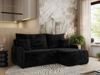 Ecksofa für das Wohnzimmer, mit losen Kissen, Schlaffunktion und Bettkästen, L-förmiges Ecksofa mit Armlehnen, Wellenfeder - ARPA - Schwarz Plüschstoff - rechte Seite