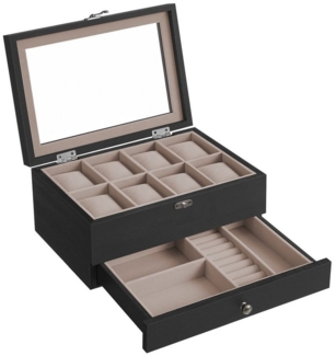 Songmics Uhrenbox mit 8 Fächern, mit Glasdeckel, Massivholz Schwarz