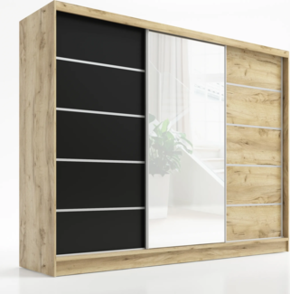 Schwebetürenschrank, 3-türig Schrank 200 cm mit Spiegel AURELIA 1. Farbe: Eiche Kraft gold, schwarz