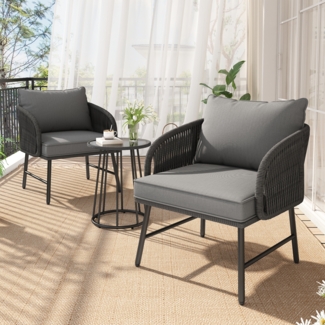 Merax Bistroset 3-teiliges,Balkonmöbel-Set, handgeflochtenes Seil, Glastischplatte, Stühle mit einer Tragkraft von 160 kg, geeignet für Terrasse, Garten und Balkon, Grau