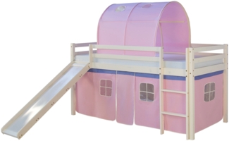 Homestyle4u Spielbett mit Tunnel und Rutsche, Rosa, Kiefernholz rosa / weiß, 90x200 cm