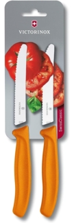 Victorinox Swiss Classic 2er Set Gemüsemesser mit Wellenschliff, 11 cm Klinge, Klingenschutz, Spülmaschinengeeignet, orange