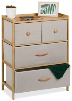 Relaxdays Kommode, Bambus, 4 Stoff-Schubladen, Natur/beige, 73 x 57,5 x 30 cm