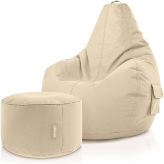 Green Bean® Sitzsack + Hocker, 2er Set, robust, waschbar, schmutzabweisend, Beige, 90 x 80 x 70 cm