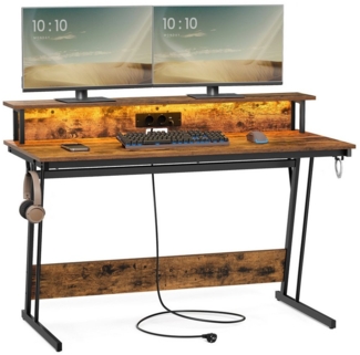 Vasagle Schreibtisch, Gaming Tisch mit eingebauter Steckdosenleiste, Computertisch, mit Monitorständer für 2 Monitore, Schlafzimmer, 55 x 135 x 76 cm, vintagebraun LWD117K01