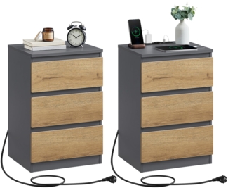 VASAGLE Nachttisch mit Steckdosenleiste, 2er Set, Beistelltisch, 3 Schubladen, 2 AC-Steckdosen, 2 USB-A-Anschlüsse, Wohnzimmer, Schlafzimmer, Arbeitszimmer, modern, schiefergrau-naturbraun LET831G01
