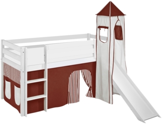 Lilokids 'Jelle' Spielbett 90x190 cm, Braun Beige, Kiefer massiv, mit Turm, Rutsche und Vorhang