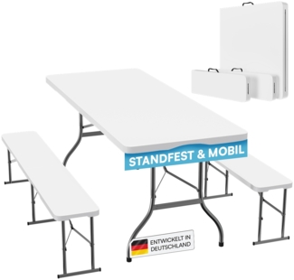STEELSØN 'Zennar' Gartenmöbel-Set für 8 Personen, Sitzgruppe aus Gartentisch und 2x Gartenbank, zusammenklappbar, weiß, wetterfest, inkl. Tragegriff