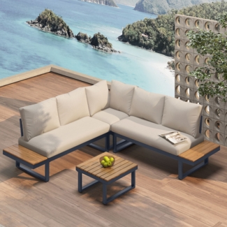 Merax Gartenlounge-Set mit verstellbarer Winkel-Liegefunktion, Beige + Grau