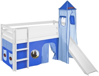 Lilokids 'Jelle' Spielbett 90x190 cm, Dragons Blau, Kiefer massiv, mit Turm, Rutsche und Vorhang