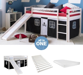 Hochbett mit Matratze 90x200 cm Rutsche Stockbett Kinderbett Leiter Holz Kiefer Vorhang schwarz Pirat Lattenrost