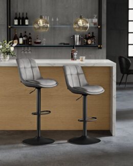 Vasagle Barhocker 2er Set, Barstühle höhenverstellbar, drehbare Küchenhocker, gesteppter PU-Bezug, mit Rückenlehne und Fußstütze, Esszimmer, Theke, Stahl, Taubengrau LJBDE095G01