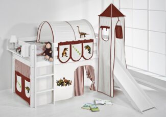 Lilokids 'Jelle' Spielbett 90x200 cm, Dinos Braun Beige, Kiefer massiv, mit Turm, Rutsche und Vorhang