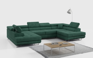 Ecksofa, Wohnzimmer U Couch, Polstersofa mit Bettkasten - GUSTAW-U - Grün Stoff