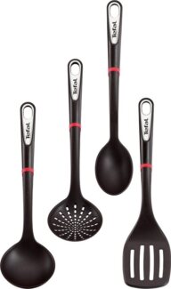 Tefal Ingenio K206S4 Küchenhelfer-Set | Suppenkelle, Gemüselöffel, Löffel, Bratwender | Kunststoff | Schwarz/Silber/Rot- 17,2 x 8,1 x 36 cm (LxBxH)