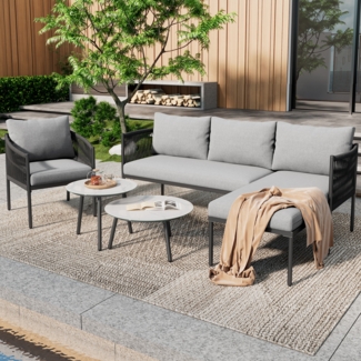 Merax Gartenlounge-Set 5-Sitzer Seil Gartenmöbel Ecksofa mit marmorlackierte Glastischplatte, grau