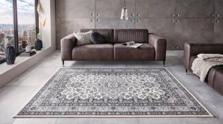 Orientalischer Kurzflor Teppich Parun Täbriz Creme Grau - 80x250x0,9cm