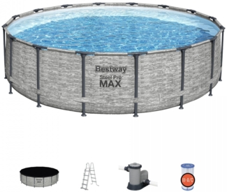Bestway® Steel Pro MAX™ Frame Pool Komplett-Set mit Filterpumpe Ø 488 x 122 cm, Steinwand-Optik (Cremegrau), rund