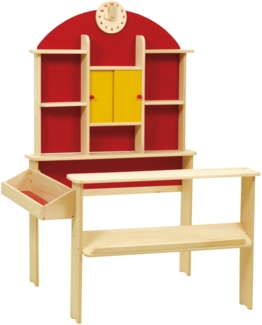 roba Kaufladen mit Theke, Uhr, Rückwand & Schiebetüren, ohne Kaufladenzubehör, Holz rot, 112 x 81 x 71 cm