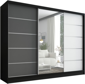 Schwebetürenschrank, 3-türig Schrank 200 cm mit Spiegel AURELIA 1. Farbe: Schwarz, weiß, Eiche Kraft gold