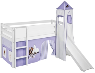 Lilokids 'Jelle' Spielbett 90x190 cm, Pferde Lila Beige, Kiefer massiv, mit Turm, Rutsche und Vorhang
