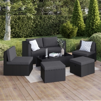 STEELSØN 'Noctura' Polyrattan 6-tlg. Gartenlounge, Sitzgruppe aus Sofa, Tisch, 2x Sessel, 2x Sitzhocker, schwarz/anthrazit, wetterfest, für 6 Personen