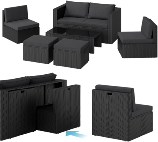STEELSØN 'Noctura' Polyrattan 6-tlg. Gartenlounge, Sitzgruppe aus Sofa, Tisch, 2x Sessel, 2x Sitzhocker, schwarz/anthrazit, wetterfest, für 6 Personen