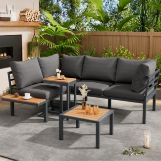 Merax Gartenmöbel-Set, Sofa & Tische, Stahl & Kunststoffholz grau/schwarz