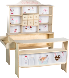roba 'Café & Shop' Kinderkaufladen mit 6 Schubladen, Seitentheke & Theke mit Bedruckung, ohne Zubehör, Holz natur / weiß, 107 x 95 x 120,5 cm