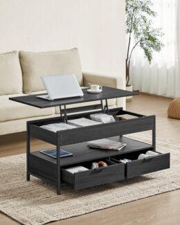 Vasagle Couchtisch, höhenverstellbarer Wohnzimmertisch, Kaffeetisch, mit Schubladen, offenes Fach,50x100 x (48-63)cm, anthrazitgrau-schwarz
