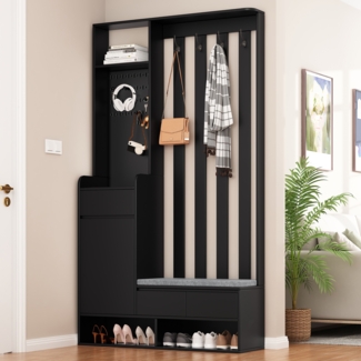 Merax 180cm Flurgarderobe, mit gepolsterter Aufbewahrungsbank, multifunktionaler Flur-Schuhschrank mit Stecktafel, moderne Garderobe mit 4 Haken, Schwarz